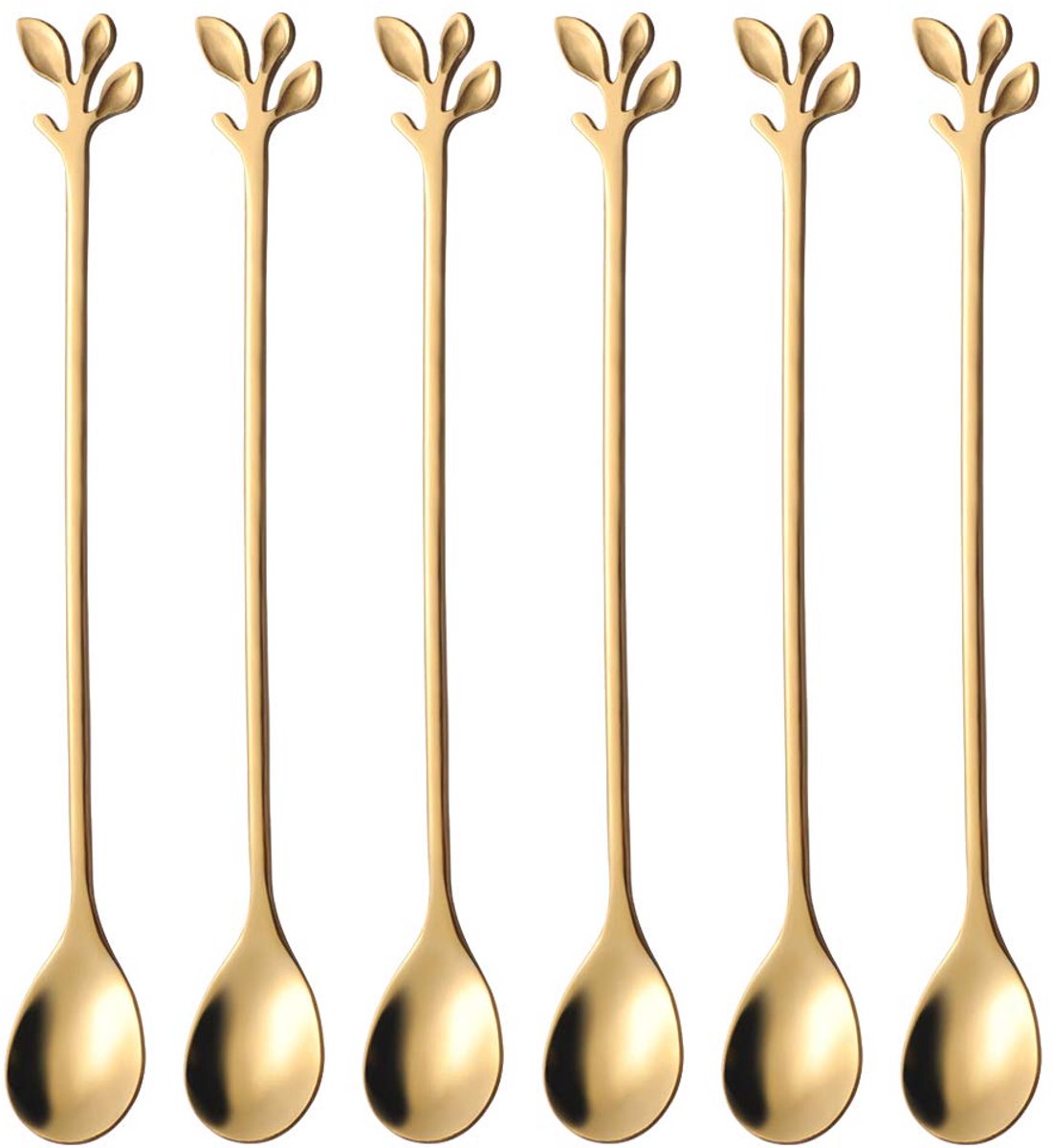 6 lange ovale lepels – Latte macchiato – Dessertlepels set – 18.6cm – IJslepels - Theelepels - Bladvormig handvat - gouden