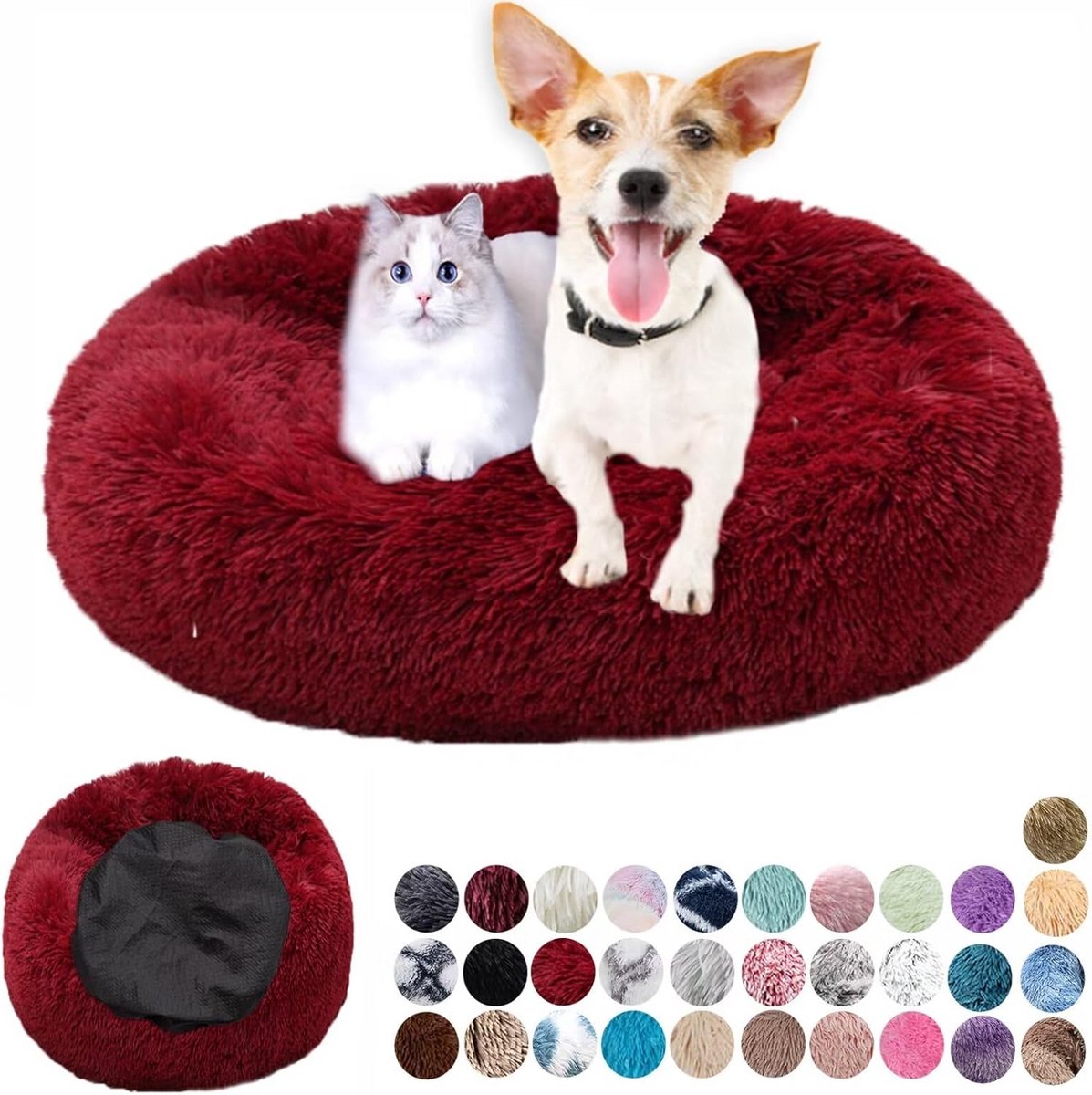 Rond hondenbed pluche 80 cm rood – zacht hondenkussen wasbaar voor kleine middelgrote en grote honden – anti angst hondenhok pluizig luxe ontwerp