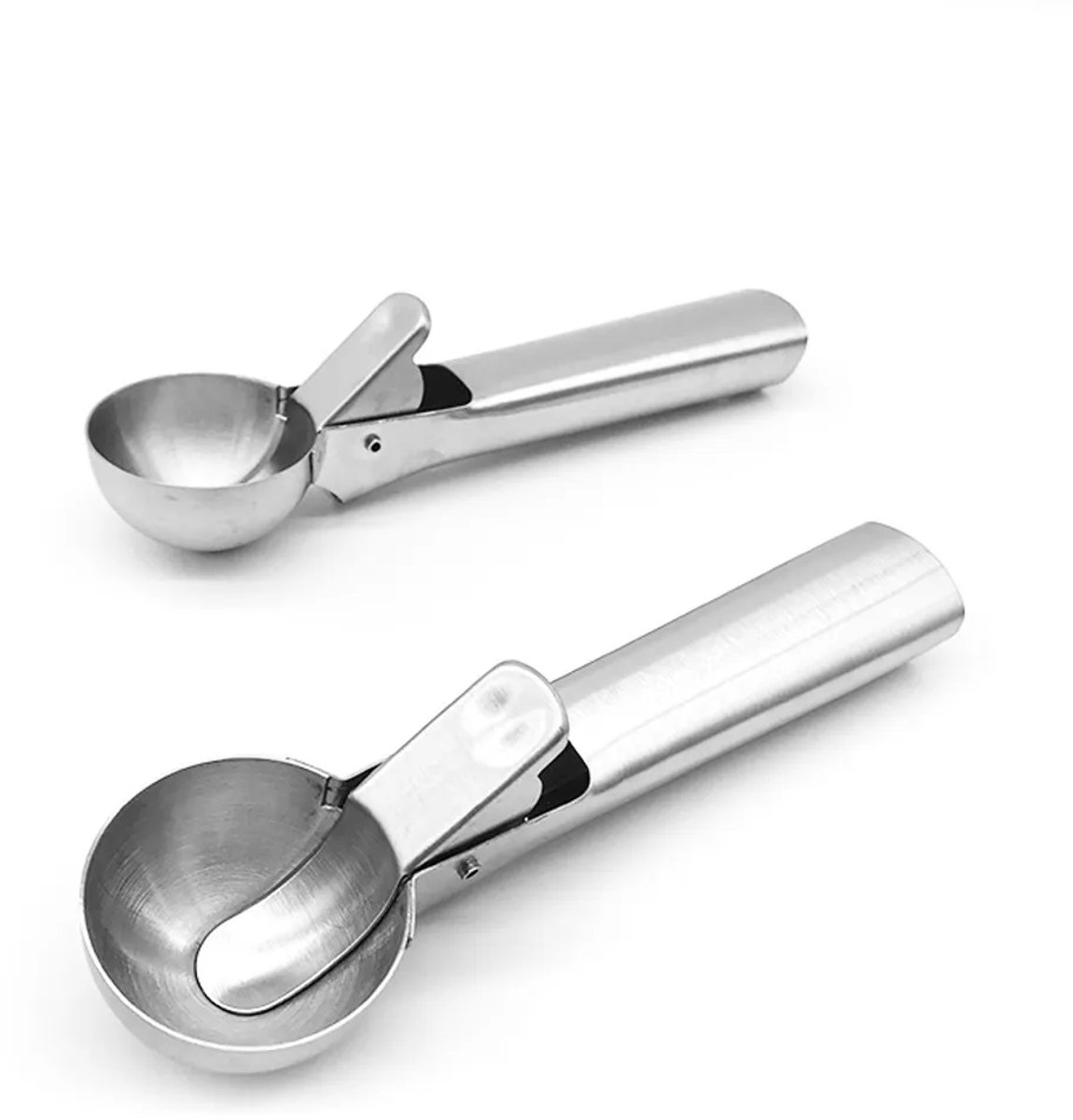 Twee ijsscheppen en ijsbolhouders van roestvrij staal (klein + middelgroot).
