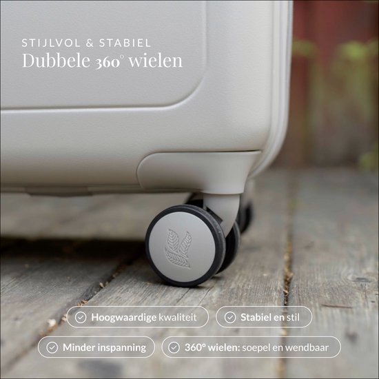 Detail van de dubbele 360° wielen van een beige SUITSUIT koffer. "Stijlvol & Stabiel"
