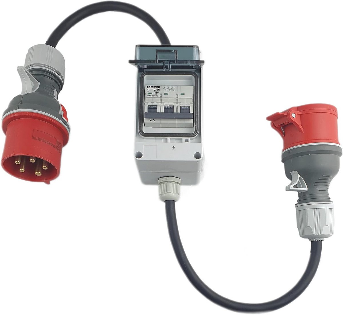 Draagbare CEE-adapter 32A naar 16A met 1 meter verlengsnoer en C16A stroomonderbreker
