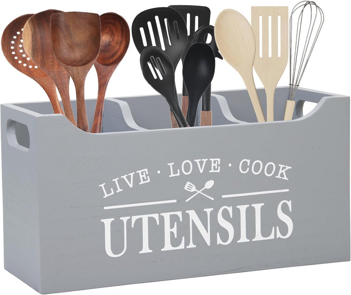 Grote Keuken Organizer met Afvoerbasis - 3 Compartimenten Houten Keukengerei Houder