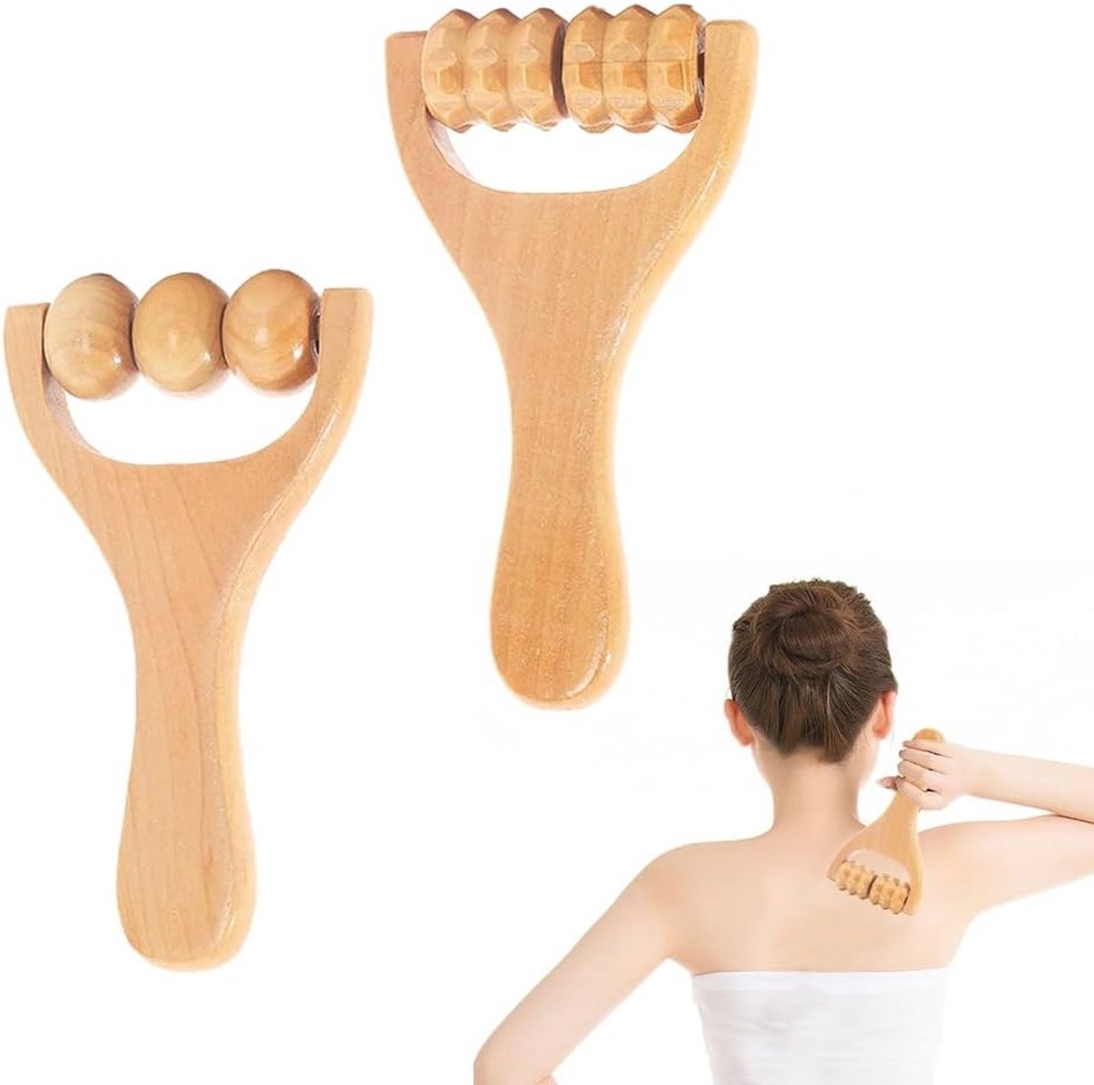 Houten Massageroller met Handvat - 2 Stuks voor Ontspanning van Lichaam en Gezicht