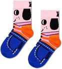 Roze sokken met hondenprint, oranje en blauw met jeansprint en het woord "HAPPY".
