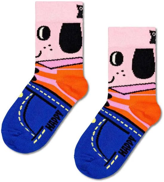 Roze sokken met hondenprint, oranje en blauw met jeansprint en het woord "HAPPY".