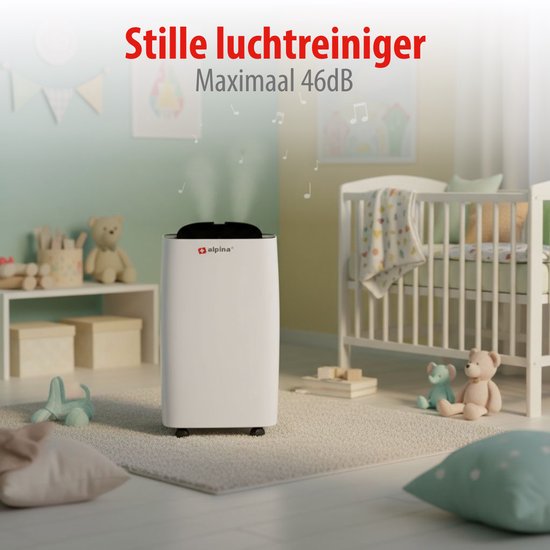 Witte Alpina luchtontvochtiger met wieltjes in een kinderkamer met speelgoed.
