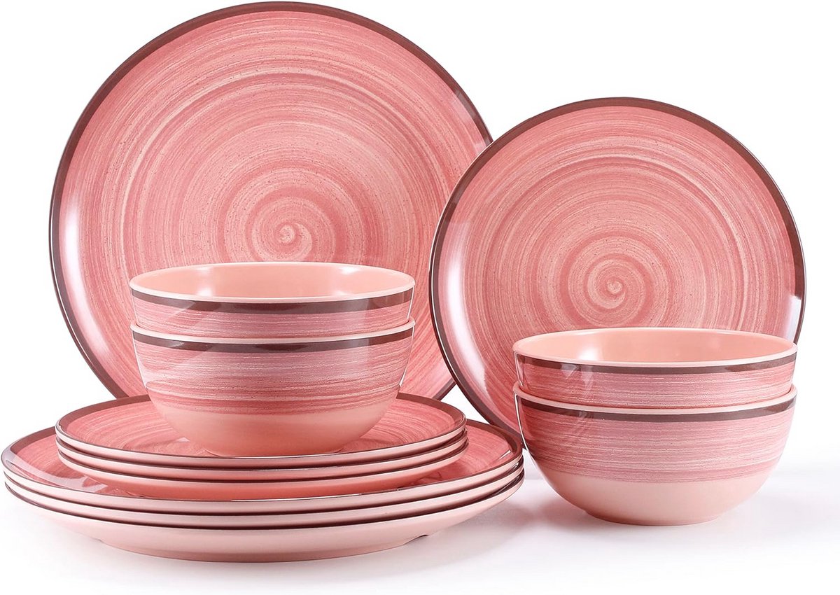 Melamine Servies Set voor 4 Personen - 12-delige Borden en Kommen Set in Roze, Vaatwasmachinebestendig en BPA-vrij