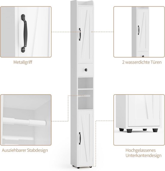 Witte smalle badkamerkast met metalen handgrepen, twee waterdichte deuren, uitschuifbare staaf en een hoogwaardig onderkantdesign.