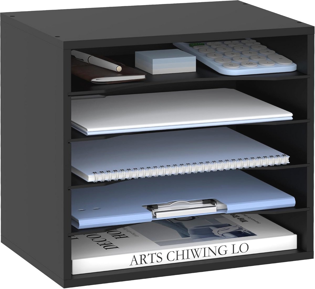 Houten bureauorganizer 5-laags - Papieren bestandsorganizer voor bureau, zwart