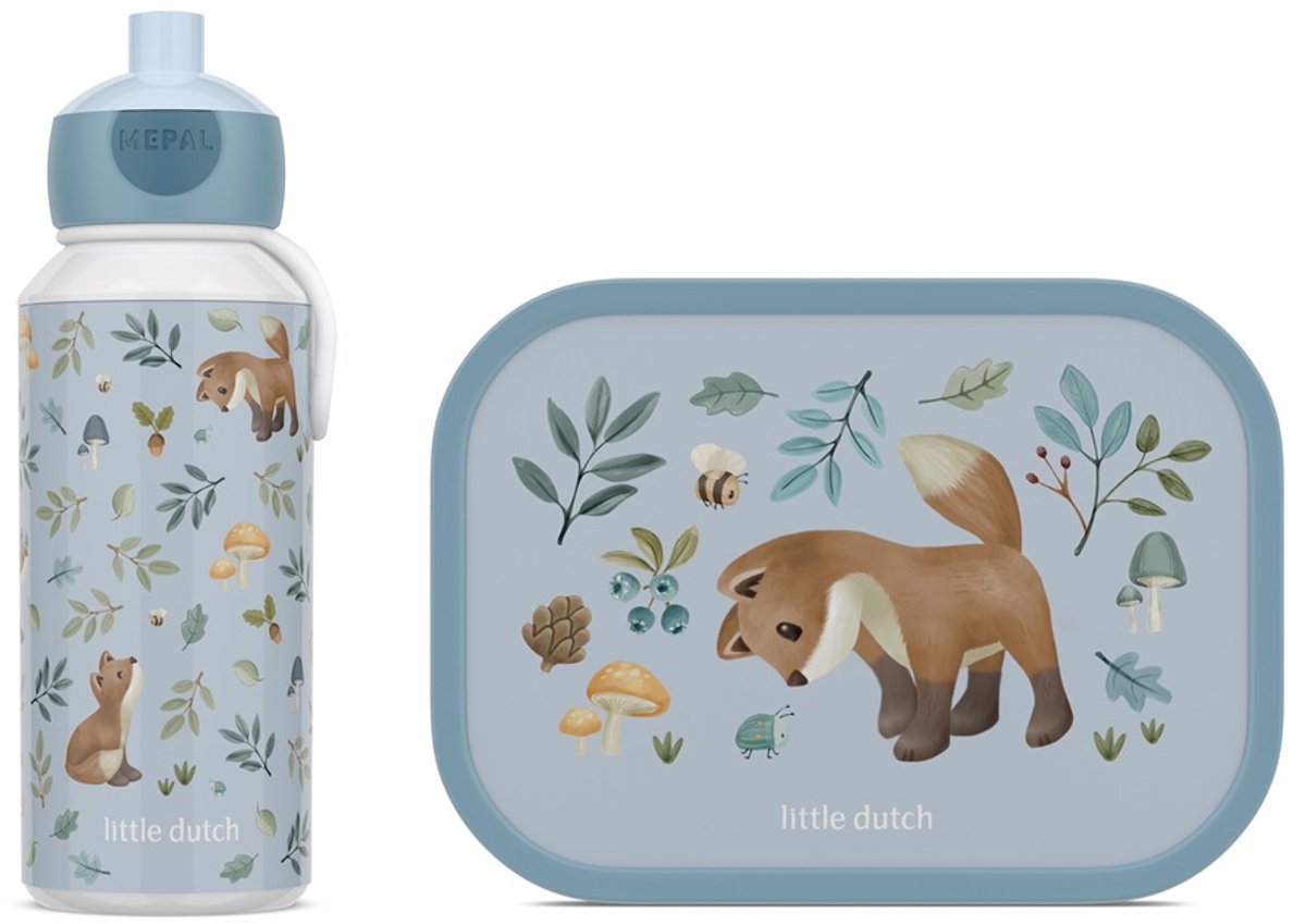 Mepal Lunchset (pop-up fles & lunchbox) Campus Little Dutch - 400 + 750 ml - Broodtrommel en Drinkbeker voor kinderen - Bento box - Pop-up drinkfles - Forest Friends