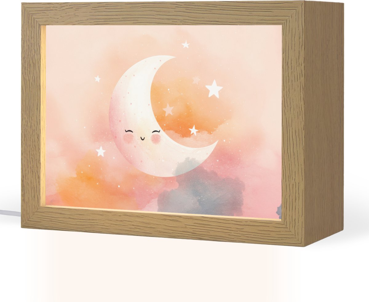 Nachtlampje 20x15 cm - Kinder lampje - Maan - Gezichtje - Sterren - Roze - Tafellamp kinde