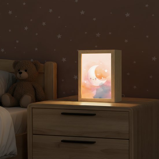 Nachtlampje 15x20 cm - Kinder lampje - Maan - Gezichtje - Sterren - Roze - Tafellamp kinderkamer - Slaapkamer lamp - Bedlamp kinderen - Kinderlampje stopcontact - Wandlamp babykamer - Nachtlampjes van OnlyWow — afbeelding 2