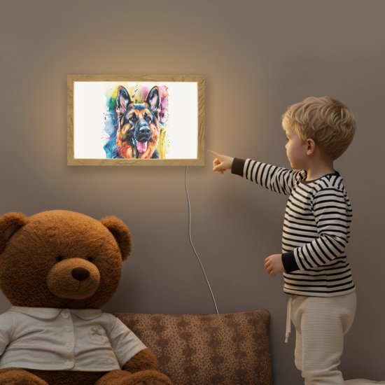 Nachtlampje 30x20 cm - Kinder lampje - Hond - Verf - Dieren - Kleurrijk - Duitse Herder - Tafellamp kinderkamer - Slaapkamer lamp - Bedlamp kinderen - Kinderlampje stopcontact - Wandlamp babykamer - Nachtlampjes van Merkloos — afbeelding 5