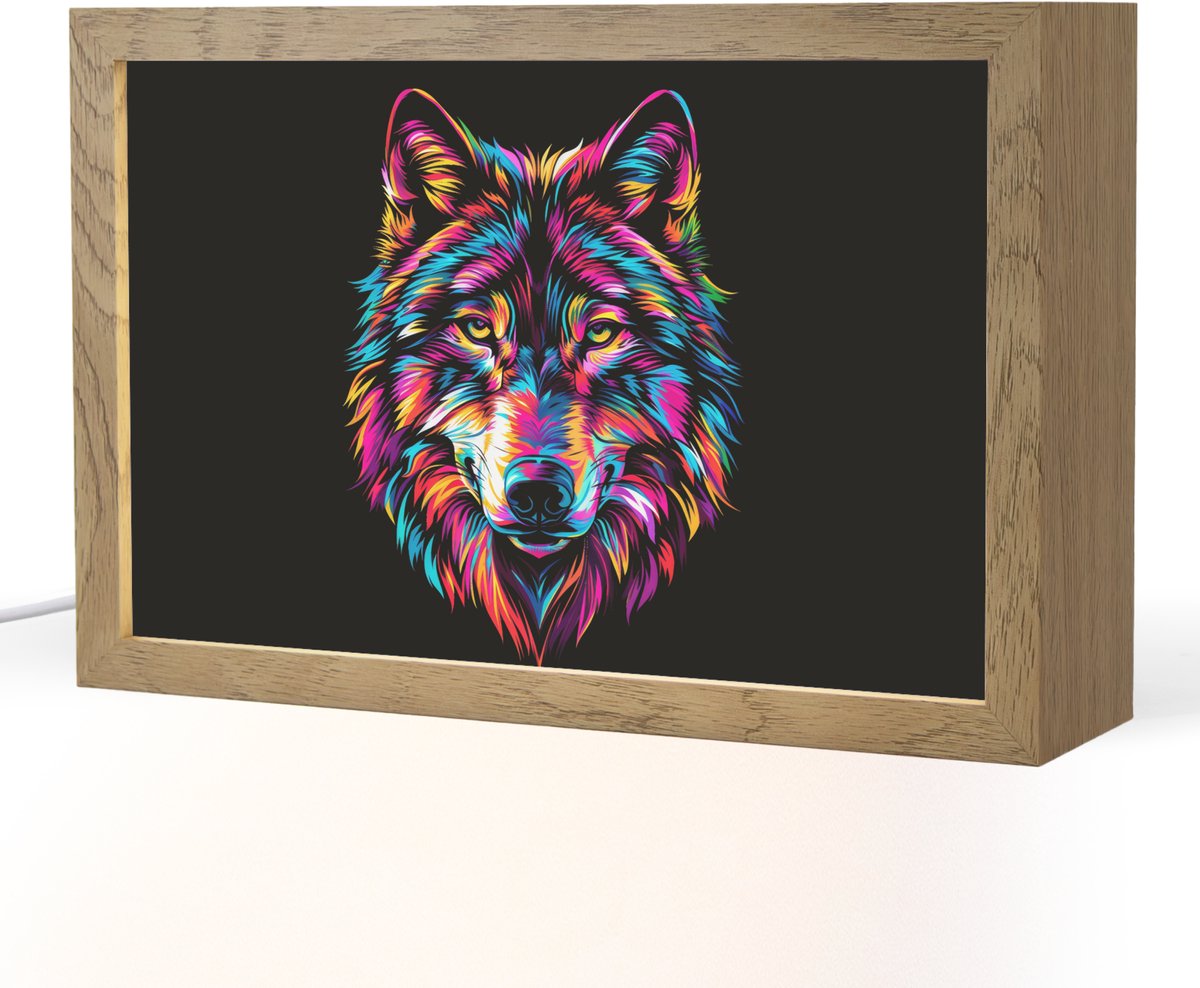 Nachtlampje 30x20 cm - Kinder lampje - Wolf - Kleurrijk - Zwart - Dieren - Neon - Tafellam