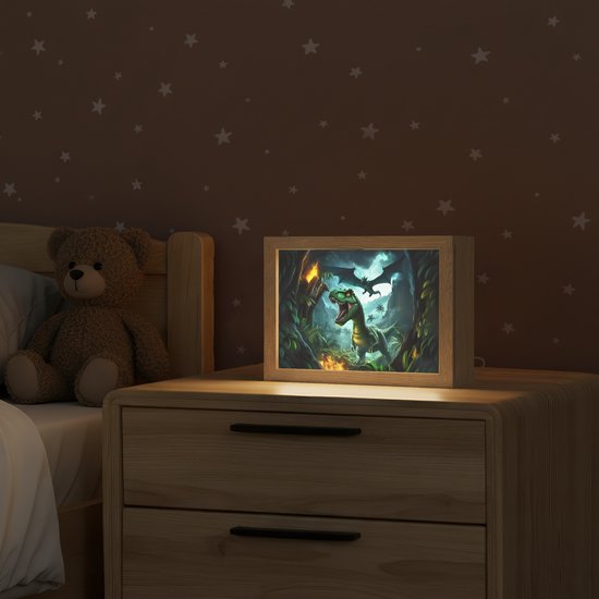 Nachtlampje 20x15 cm - Kinder lampje - Dinosaurus - Draak - Jungle - Groen - Tafellamp kinderkamer - Slaapkamer lamp - Bedlamp kinderen - Kinderlampje stopcontact - Wandlamp babykamer - Nachtlampjes van OnlyWow — afbeelding 2