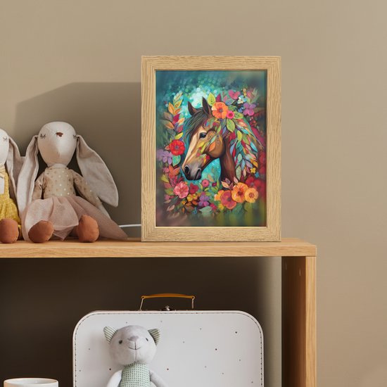 Nachtlampje 15x20 cm - Kinder lampje - Paard - Bloemen - Schilderij - Natuur - Verf - Tafellamp kinderkamer - Slaapkamer lamp - Bedlamp kinderen - Kinderlampje stopcontact - Wandlamp babykamer - Nachtlampjes van OnlyWow — afbeelding 3