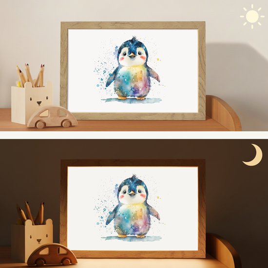 Nachtlampje 30x20 cm - Kinder lamp - Pinguïn - Regenboog - Waterverf - Dieren - Kinderen - Tafellamp kinderkamer - Slaapkamer lamp - Bedlamp kinderen - Kinderlampje stopcontact - Wandlamp babykamer - Nachtlampjes van ATMOSPHERA CREATION. — afbeelding 4