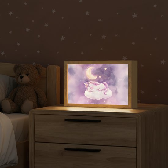 Nachtlampje 30x20 cm - Kinder lampje - Eenhoorn - Paars - Sterrenhemel - Maan - Tafellamp kinderkamer - Slaapkamer lamp - Bedlamp kinderen - Kinderlampje stopcontact - Wandlamp babykamer - Nachtlampjes van Merkloos — afbeelding 2