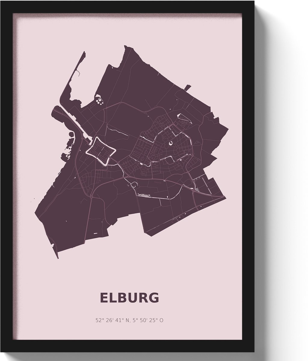 Poster Elburg A2 - 42 x 59,4 cm - Paars Inclusief lijst (Zwart MDF)