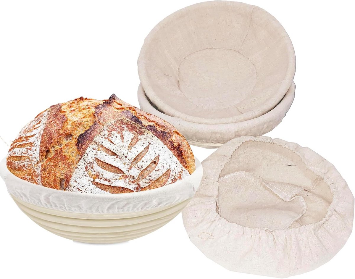Banneton Proofing Basket - 3 stuks - 25.5 cm - Ronde en ovale broodmand van natuurlijke rotan voor brood, deeg, pizza en patisserie - Inclusief opbergmand