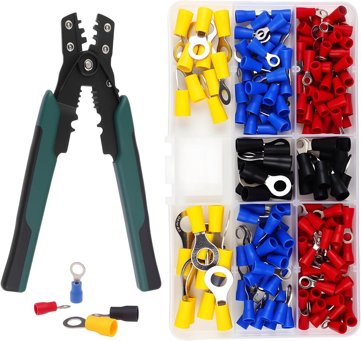 Krimptang met ratelfunctie voor kabelschoenen 0,5-6 mm² - 200-delige set met geïsoleerde aansluitklemmen