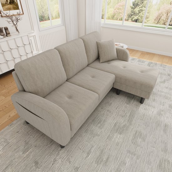 166 x 118 x 77 cm - Canapé d'angle en forme de L avec méridienne – canapé trois places - pieds en plastique - beige clair