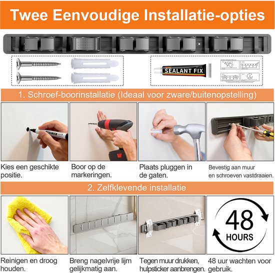 Alles-in-één Bezemhouder, Wandgemonteerde bezem - Bezem Ophangsysteem: 6 Haken 5 Klemmen, Robuuste RVS Houder voor Bezems, Gereedschap en Meer, Geschikt voor balkons, badkamers en toiletten van T-LoVendo — afbeelding 2