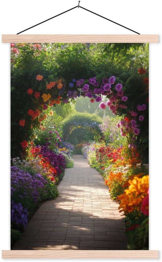 Posterhanger incl. Poster 120x180 cm - Schoolplaat - Doorkijk - Pad - Bloemen - Struik - Kleurrijk - Textielposter - Blanke latten