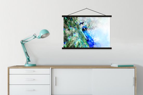 Porte-affiche avec affiche - Affiche scolaire - Aquarelle - Paon - Blauw - 90x60 cm - Lattes noires