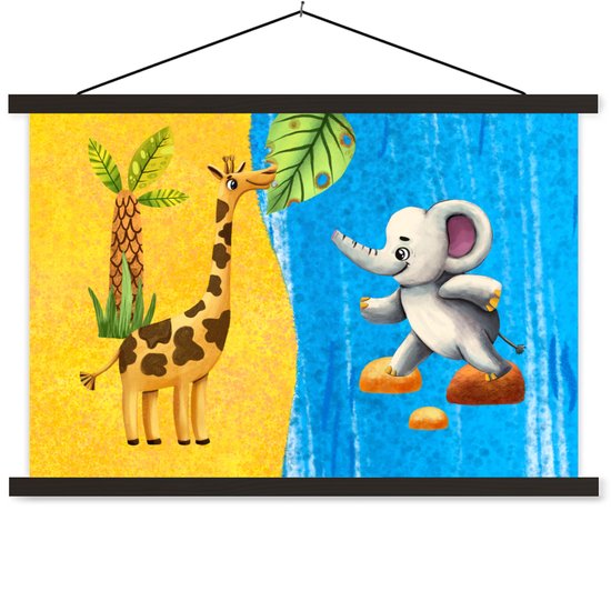 Support pour affiches avec affiche 150 x 100 cm - Affiche scolaire - Éléphant - Girafe - Water - Affiche textile - Lattes noires