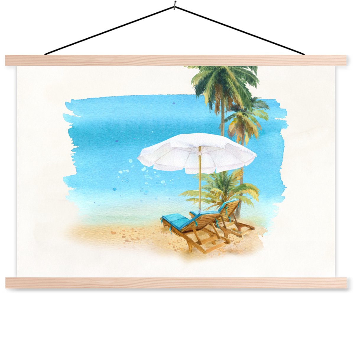 Posterhanger incl. Poster 120x80 cm - Schoolplaat - Strandstoel - Parasol - Palmbomen - Wa