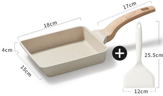 Japanse omeletpan, mini-rechthoekige eierpan met brede siliconen spatel en 2 gebakken eierringen, non-stick tamagoyaki koekenpan thuis keuken kookgerei voor inductiekookplaat gasfornuis