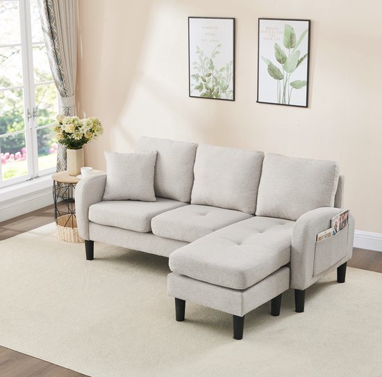 Canapé d'angle en forme de L avec méridienne - canapé trois places - 166 x 118 x 77 cm - beige