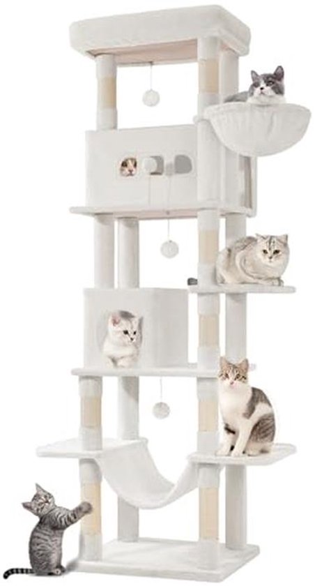Dromzen Krabpaal voor katten, 5 niveaus (205 cm), kattentoren, wandplanken, klimrek van hout om te klimmen, krassen, spelen, in hoogte verstelbaar