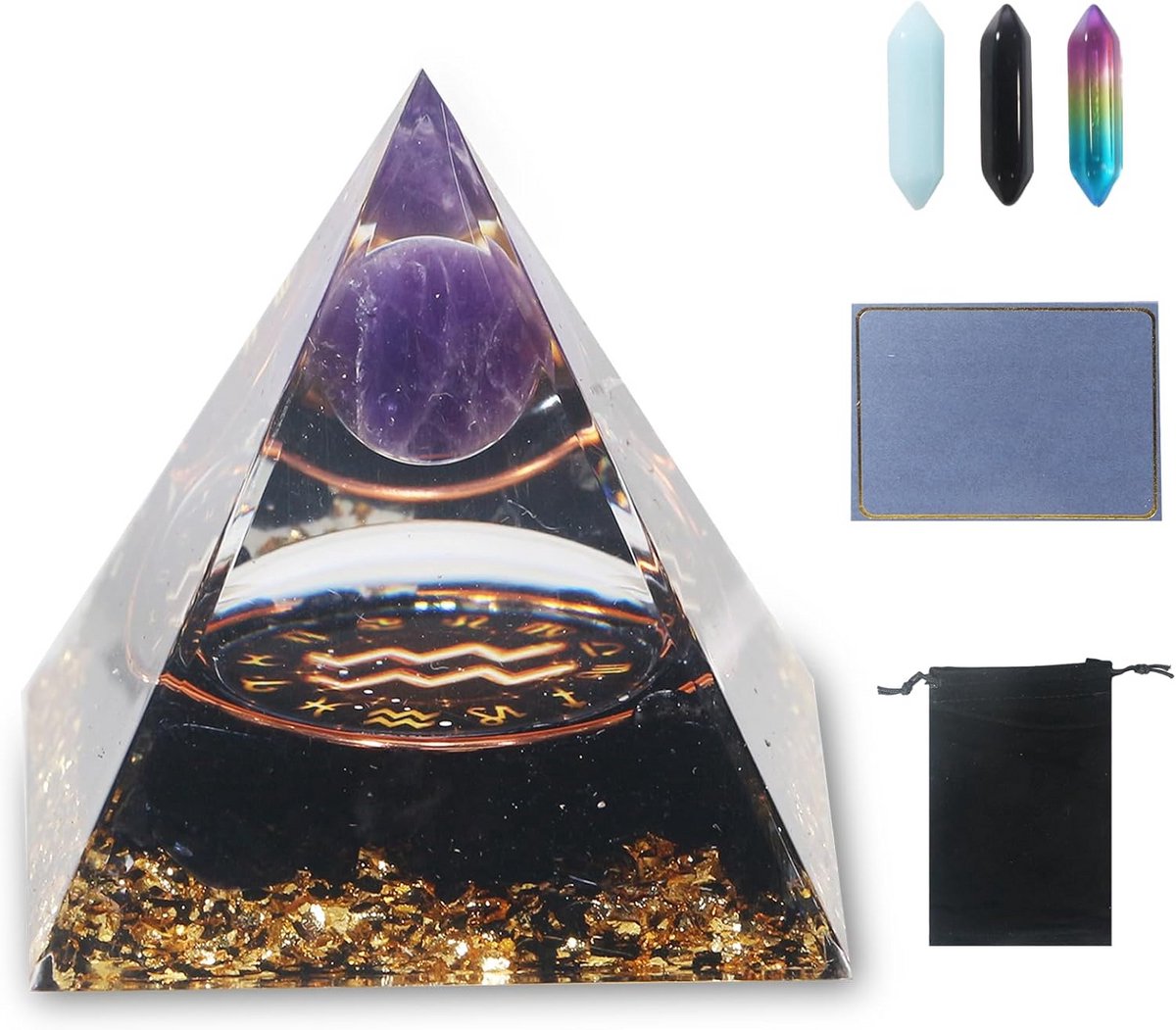 Orgoniet piramide met ingebedde kristallen en sterrenbeeld voor chakra-healing en meditatie