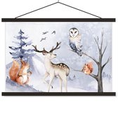 Porte-affiche avec affiche - Affiche scolaire - Hiver - Neige - Cerf - 60x40 cm - Lattes noires