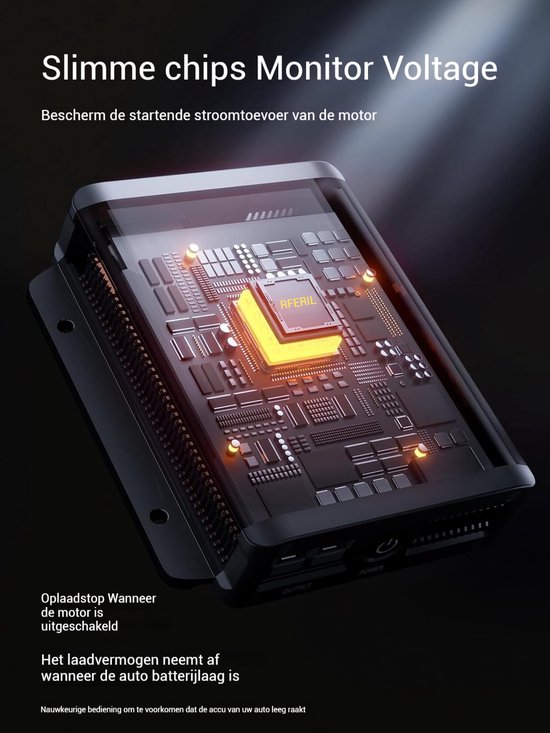 Gedetailleerde weergave van de printplaat van de AFERIY powerstation, met gloeiende chip.