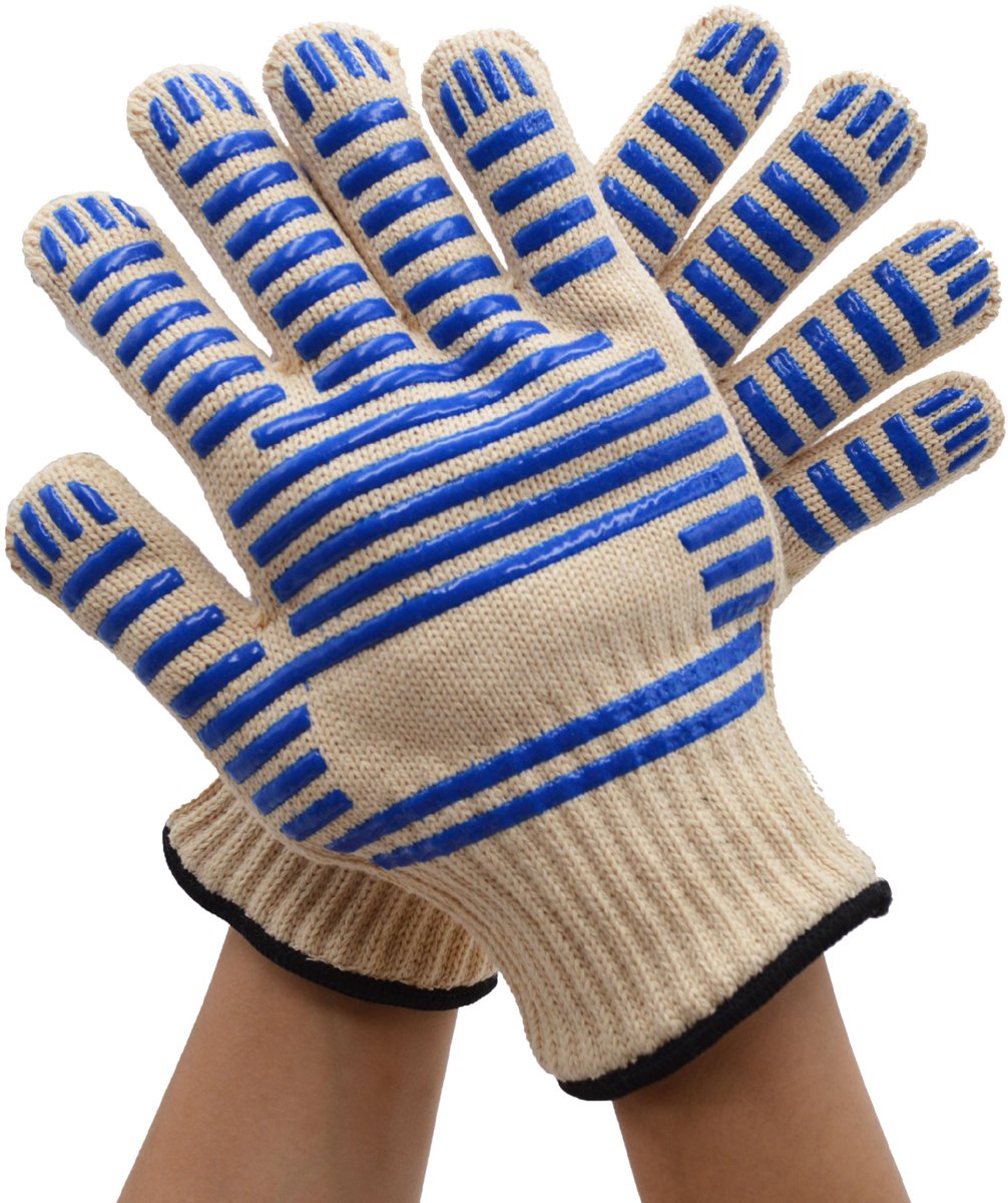 BBQ-handschoenen, ovenhandschoenen, extreem hittebestendige en snijbestendige ovenhandschoenen met vingers, geschikt voor grillen, koken en bakken, antislip siliconen ovenhandschoenen, keukenhandschoenen (blauw).