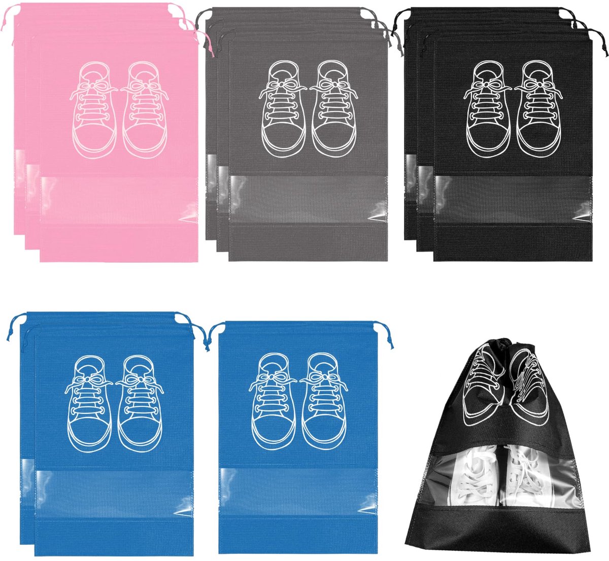 IMPERATORIS® Schoenenzakken - Reis Organizer voor Schoenen - Waterafstotend - Beschermhoes voor Sneakers en Hakken - 12 Stuks - Donkergrijs, zwart, hemelsblauw, roze