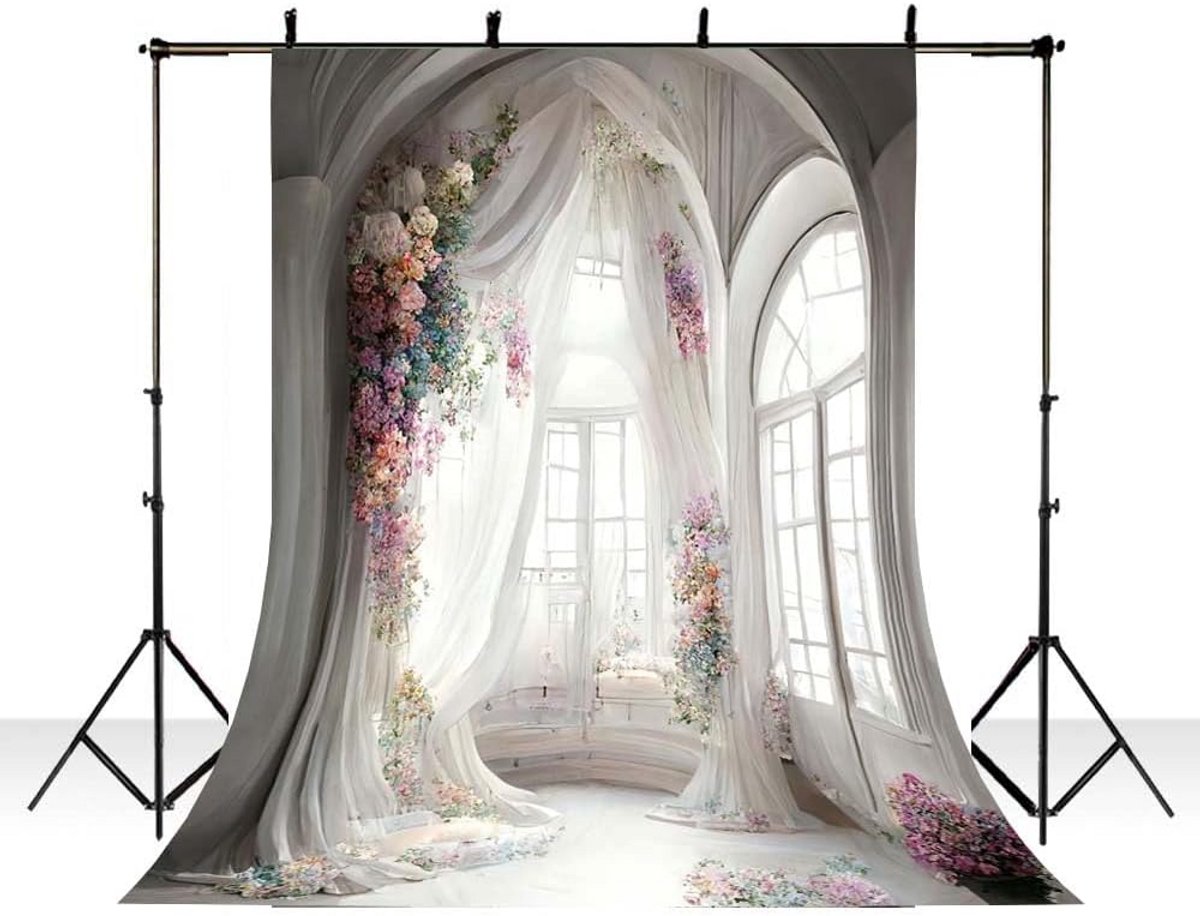 Fotografie Achtergrond Wit Gordijn Boog Muur Bloem Decor 5x7ft Voor Portret Studio