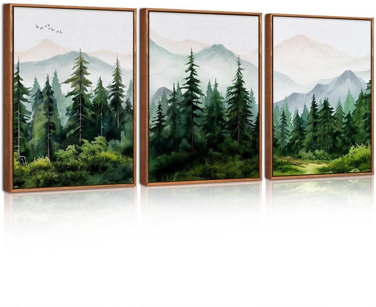 Unyqoos Schilderachtig berglandschap op canvas met groene bosafbeelding in lijst