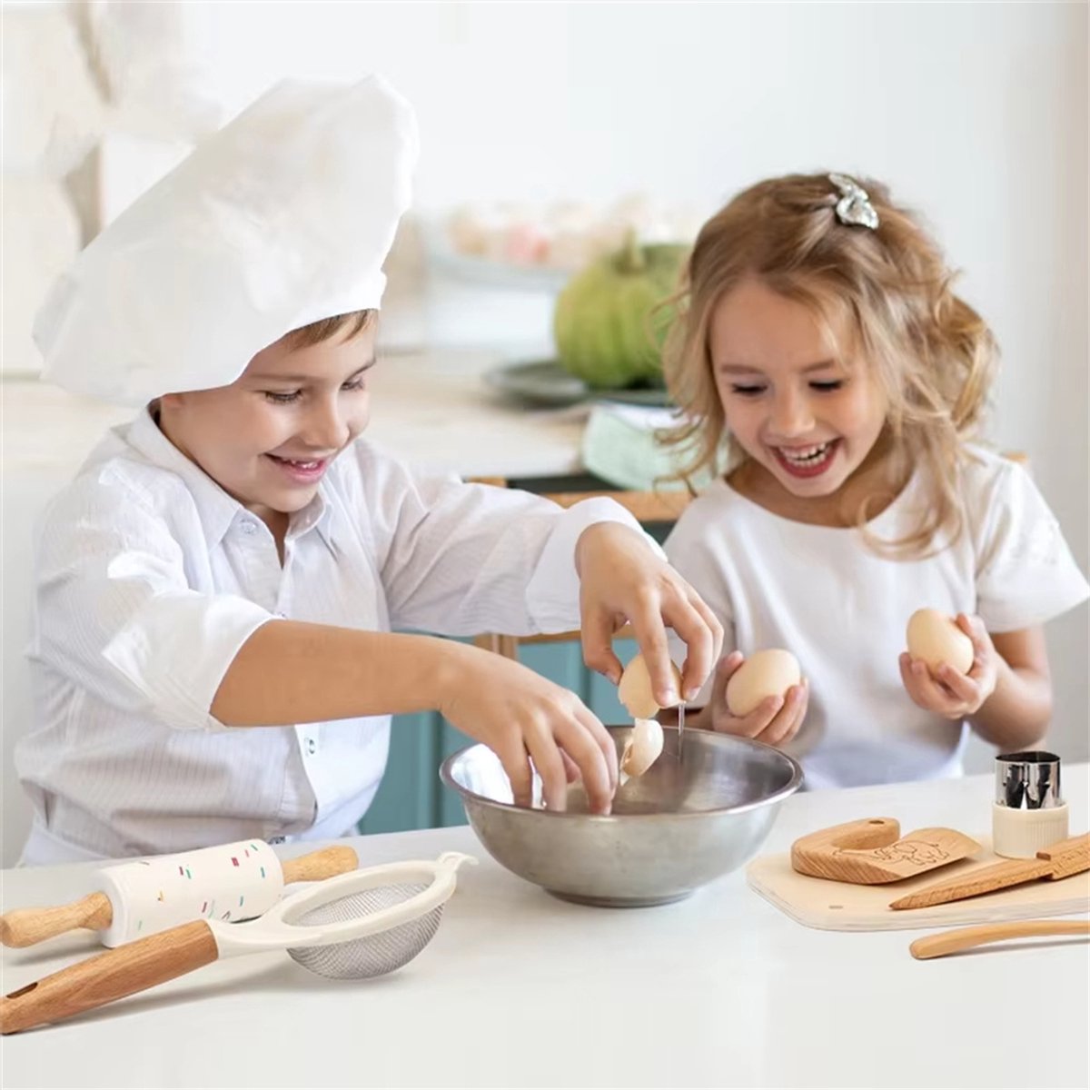 10-delige houten keukengereedschapset voor peuters, houten kinderveilige messen, educatief speelgoed, kinderbakset voor echt koken, Montessori keukengereedschap voor jongens en meisjes, rollenspel voor kleine chef-koks — afbeelding 10