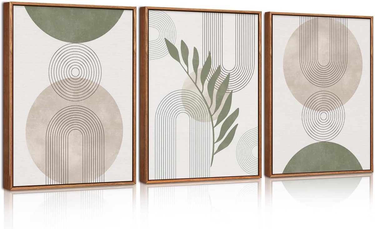 Unyqoos Abstracte Botanische Canvas Kunstset met Lijst voor Moderne Interieurs Groen
