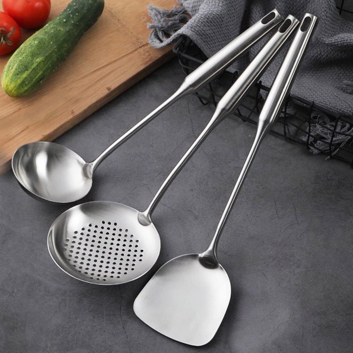 RVS Wok Spatel Set (3-delig) - Professioneel Keukengerei voor Koolstofstaal en Antiaanbak