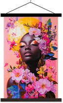 Posterhanger incl. Poster 60x90 cm - Schoolplaat - Kleurrijk - Bloemen - Vrouw - Zon - Textielposter - Zwarte latten