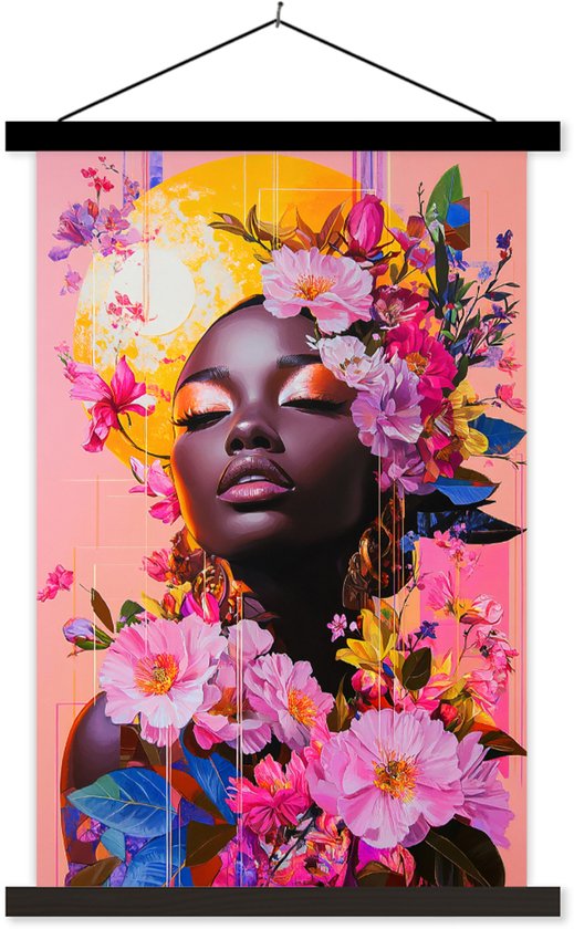 Posterhanger incl. Poster 60x90 cm - Schoolplaat - Kleurrijk - Bloemen - Vrouw - Zon - Textielposter - Zwarte latten