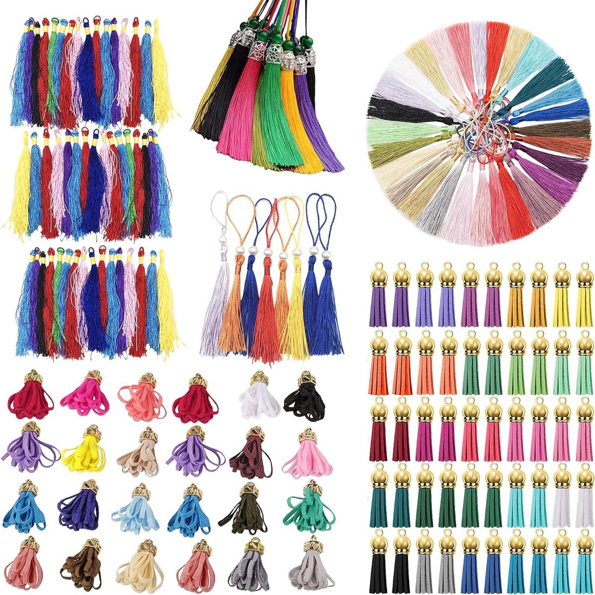 VVGoods - Set van 200 gemengde kwastjes voor sleutelhangers en decoratie - 6 verschillende stijlen - DIY accessoires