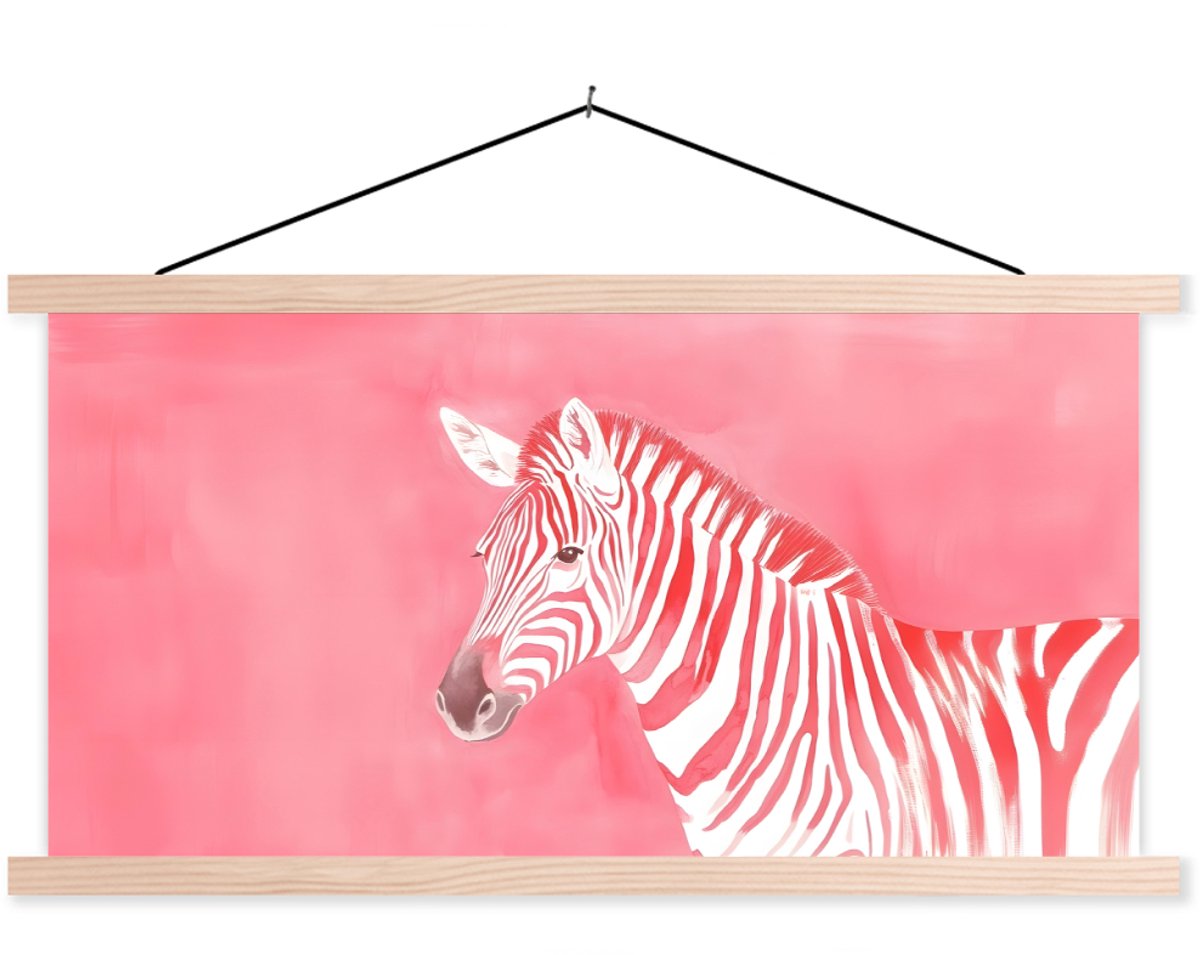Posterhanger incl. Poster 120x60 cm - Schoolplaat - Zebra - Pink - Verf - Textielposter - 