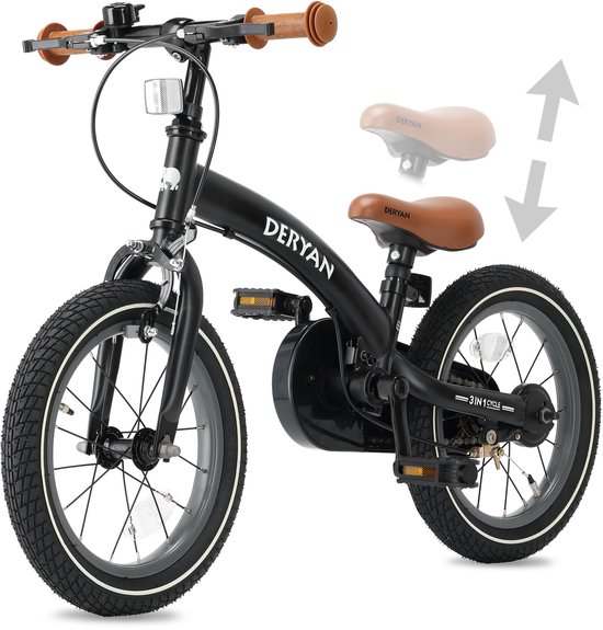 Vélo enfant noir Deryan 14 pouces, selle et poignées marron. Peut être utilisé comme draisienne et avec roulettes.