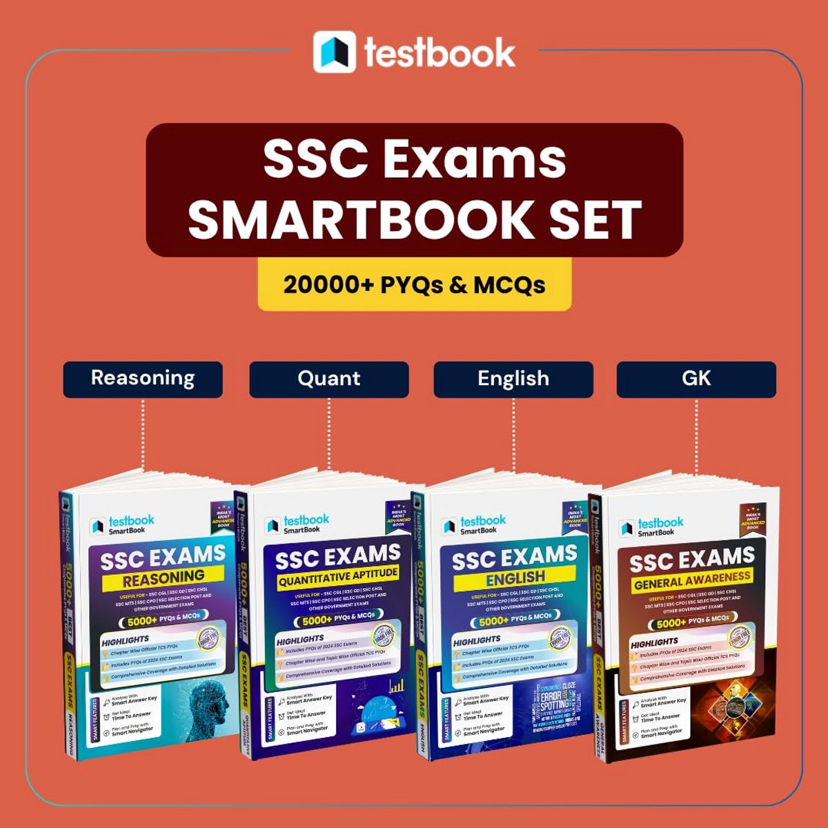 4-Delige Studieboek Set SSC Examenvoorbereiding: Redeneren, Kwantitatief, Engels & Algemene Kennis 2025